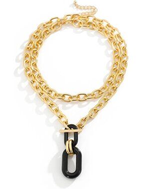 Women's Black Paperclip Link Pendant Layered Gold Chain Choker Necklace Jewelry